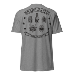 A heather gray short-sleeve t-shirt shown from the back, featuring a black graphic print with the words 'RARE BREED' and 'BORN TO FIGHT' surrounding stylized helmets and a skull.